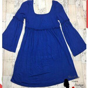 Solid Blue Bell Sleeve Dress